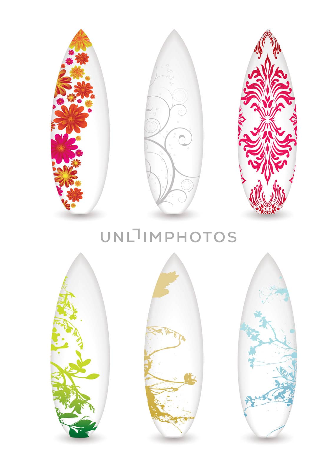 collection of six surfboards with abstract patterns and shadow