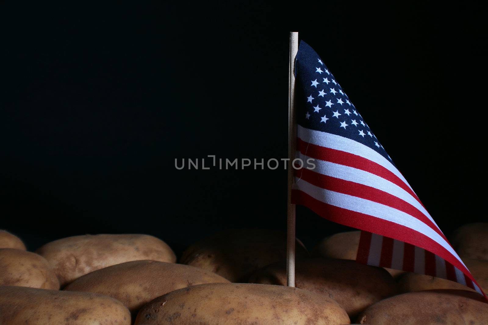 Potato and flag of the USA, as a symbol of the native land of a potato.