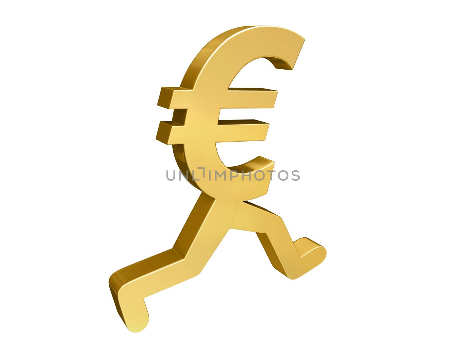 A gold Euro symbol with legs running past the viewer.