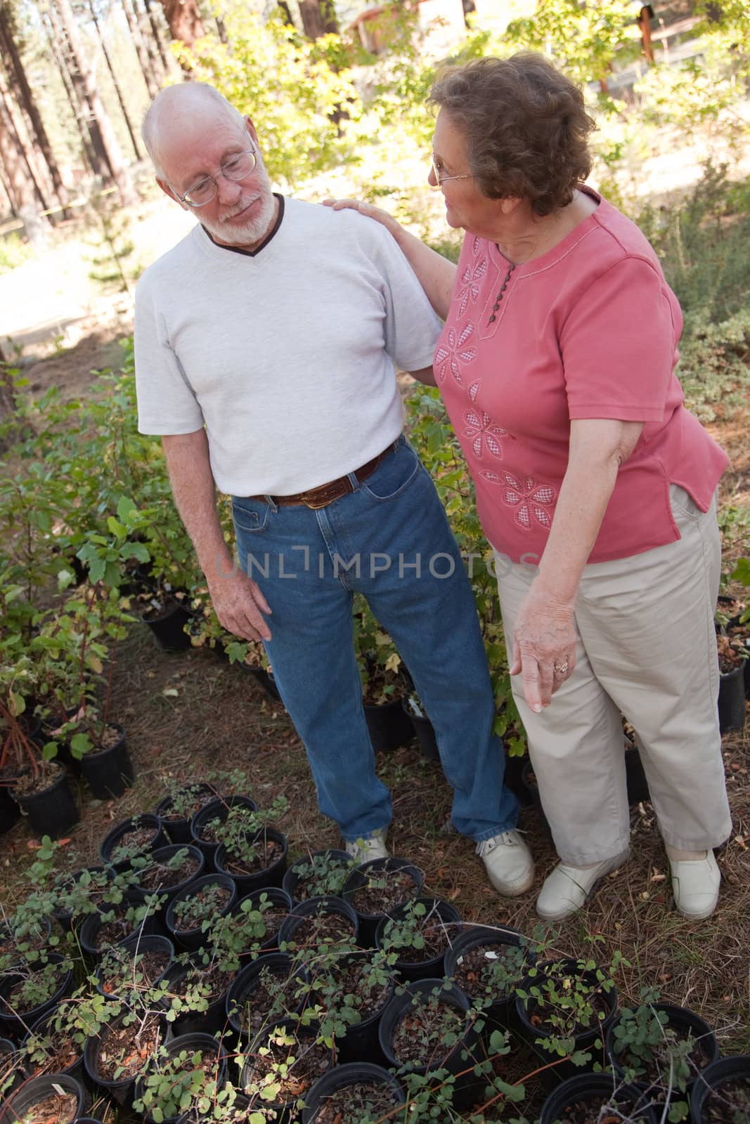 Attractive Senior Couple Overlooking Potted Plants at the Nursery.