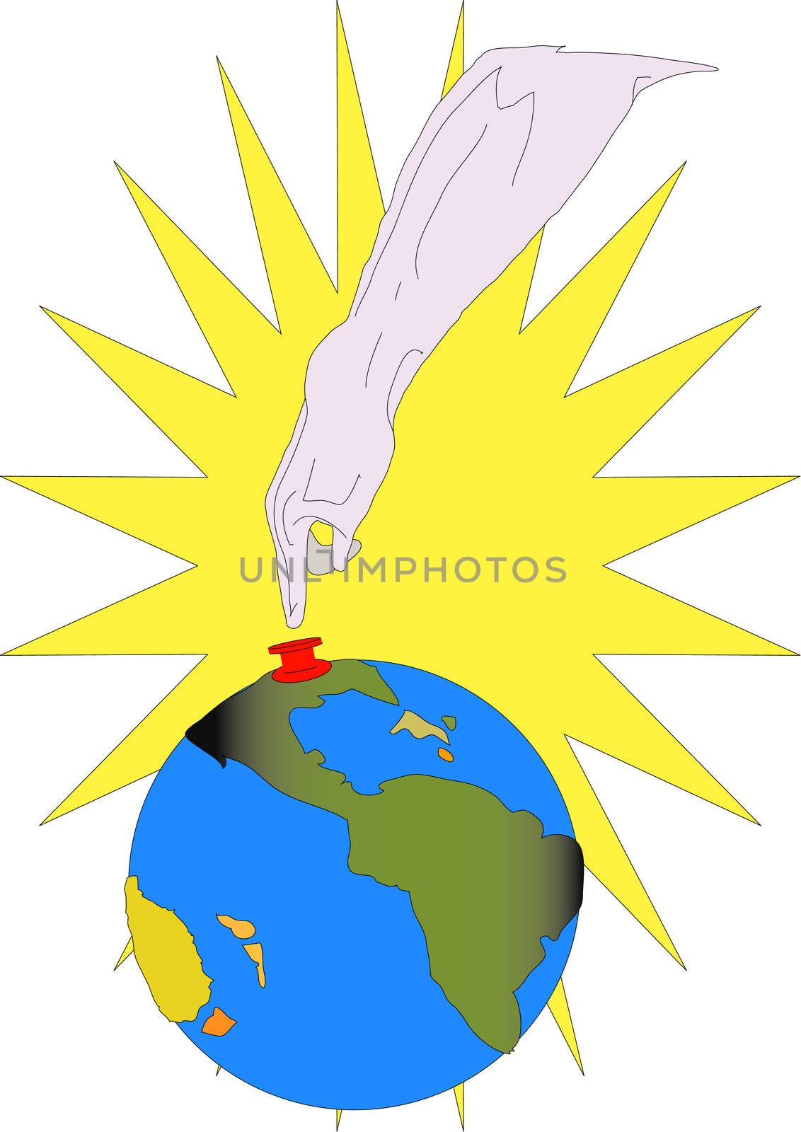 A hand reaches down from above to press a red button on the world.  Illustration with yellow starburst pattern in background.