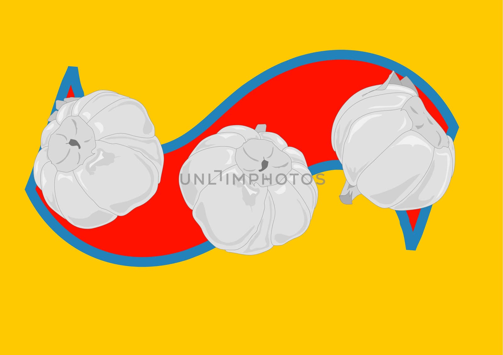 Three garlic bulbs over a red banner on a yellow background. Hand drawn illustration.