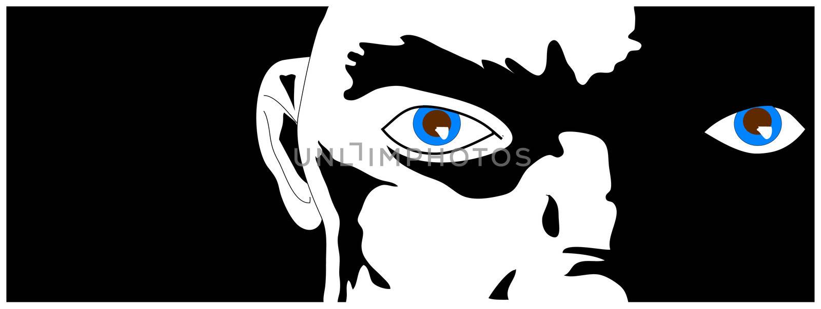 A face in partial darkness, blue eyes glinting from the shadows. Hand drawn illustration.
