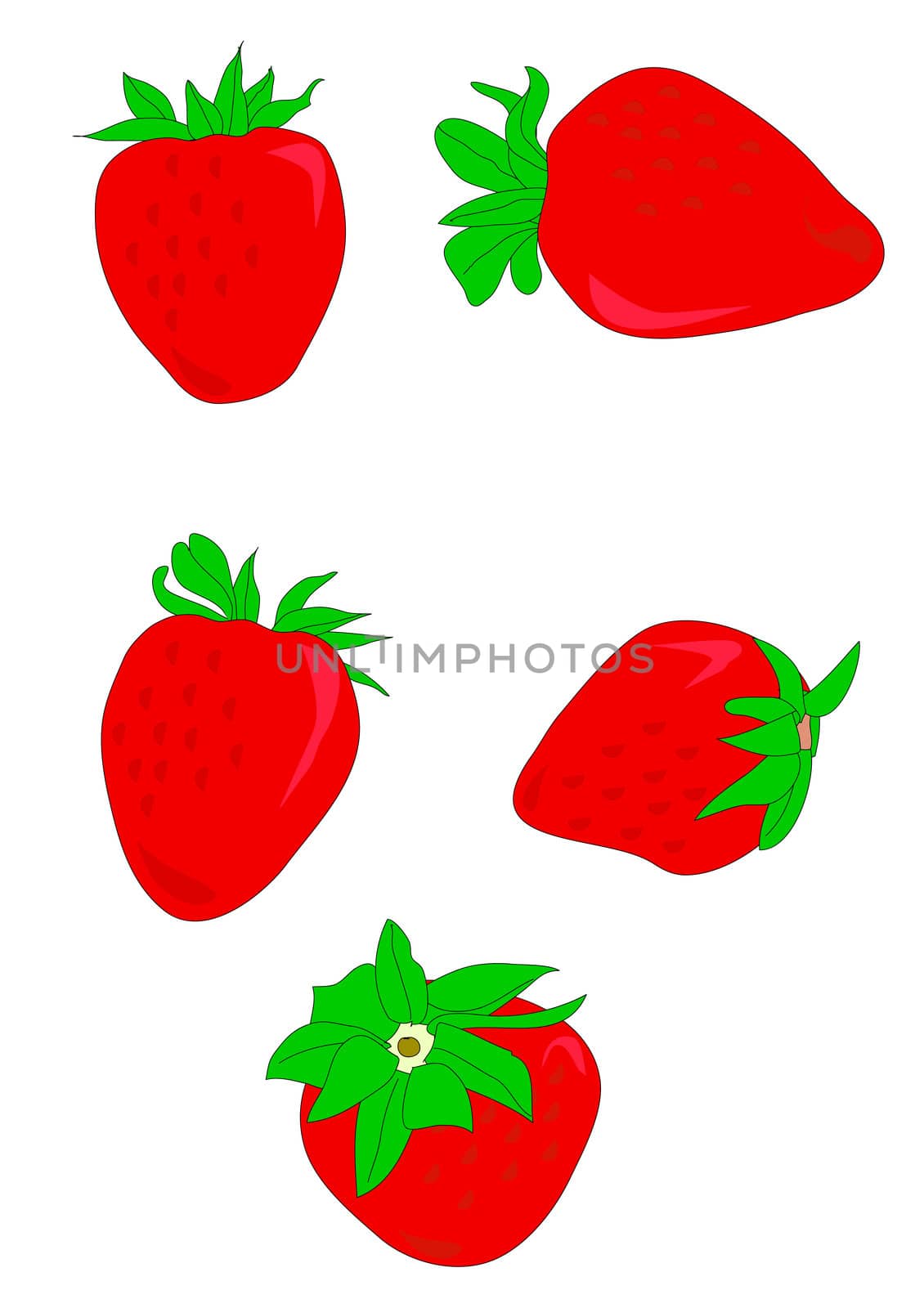 Illustration of red ripe strawberries with green tops.