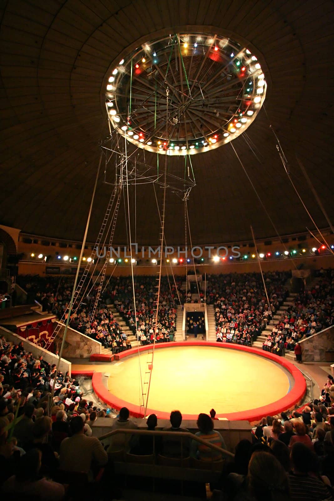 Brightly shined empty arena in modern circus