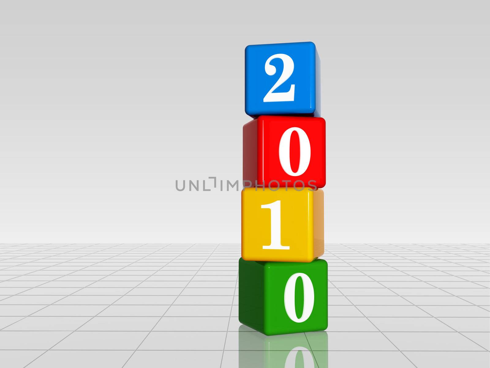 3d colour cubes with white figures with text 2010 with reflection