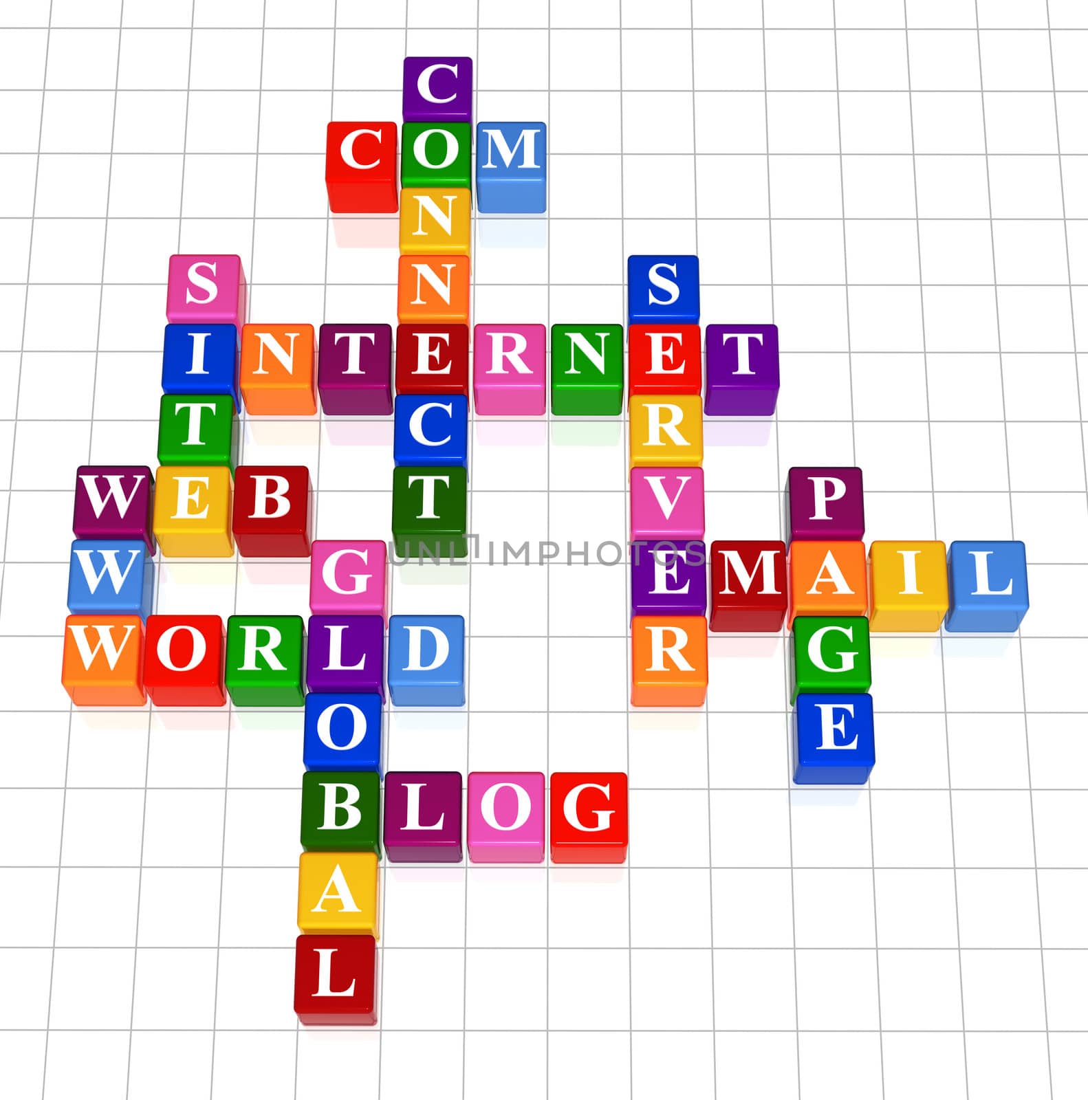 3d colour boxes crossword - internet; site; web; www; server, e-mail; page; connect; com; blog; world; global