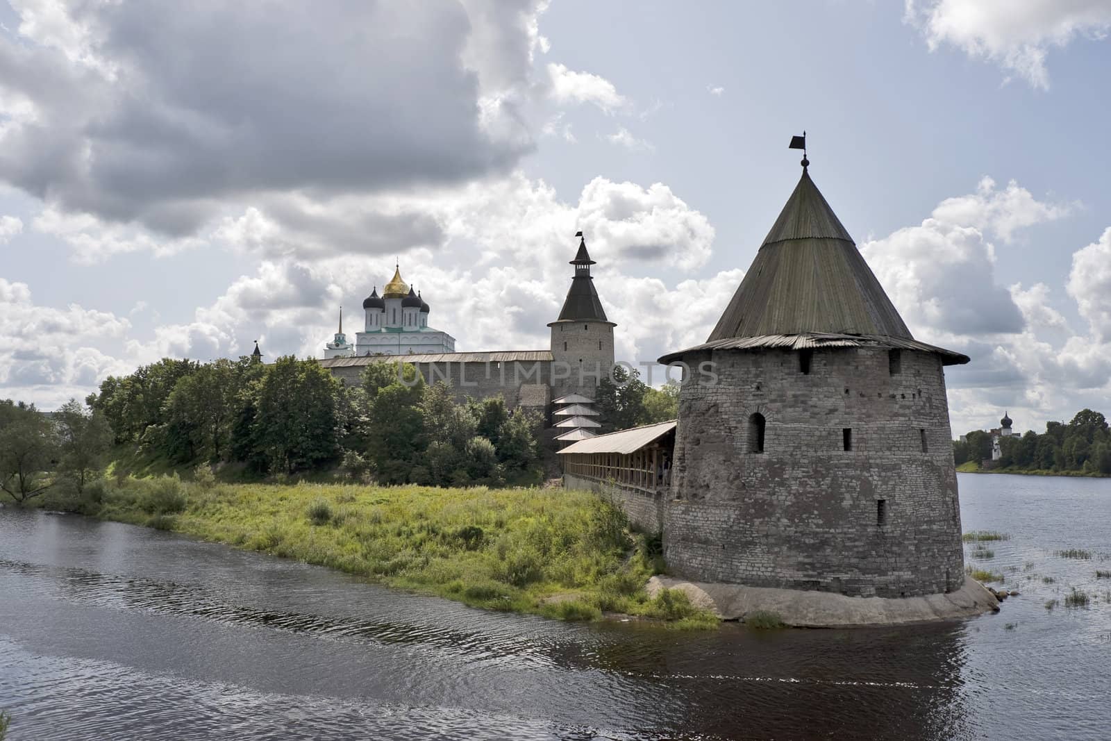 Ancient Pskov land with fortress in rivers crossing