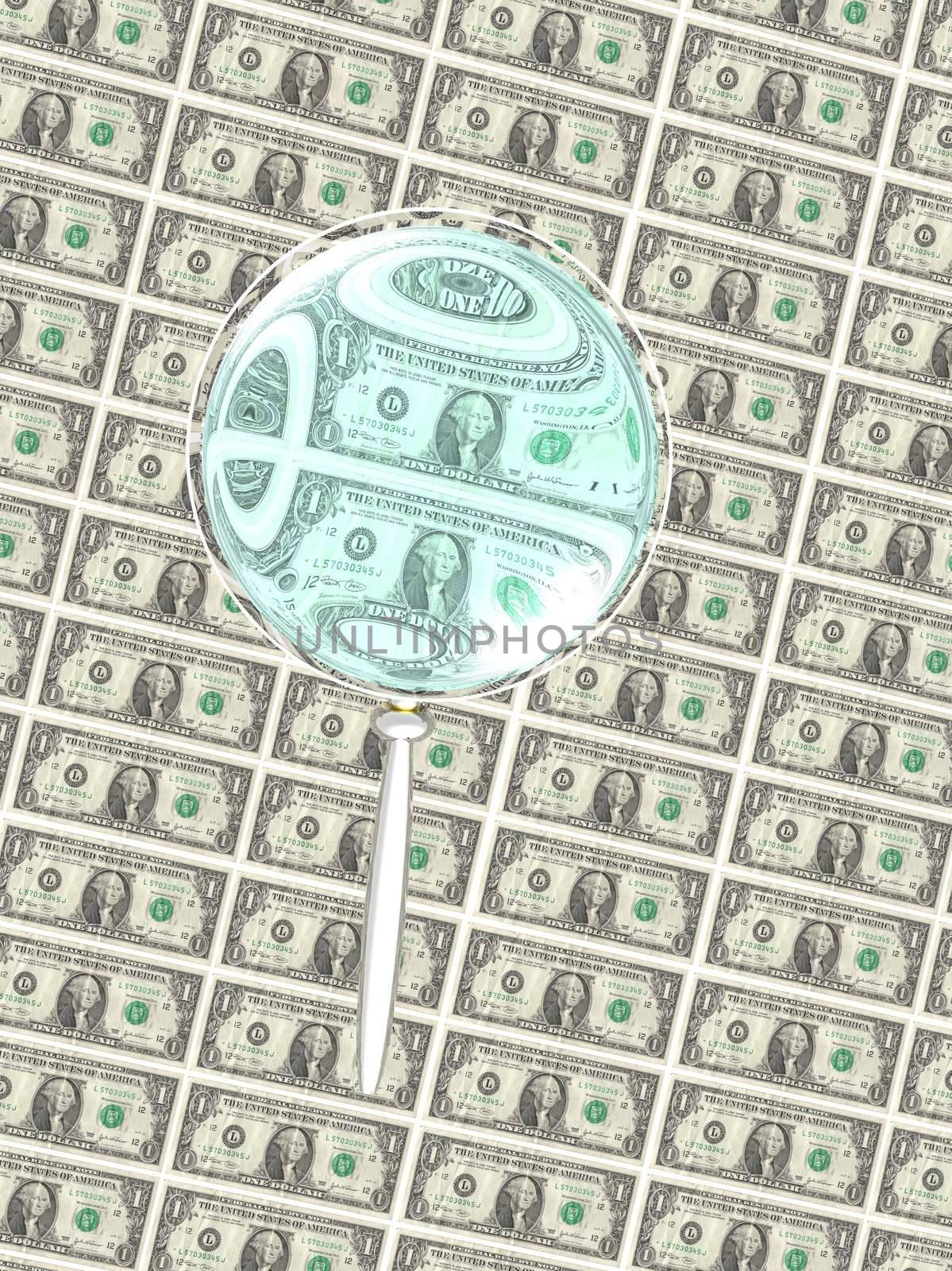 A computer generate image of a magnifying glass taking a close look at the US currency.