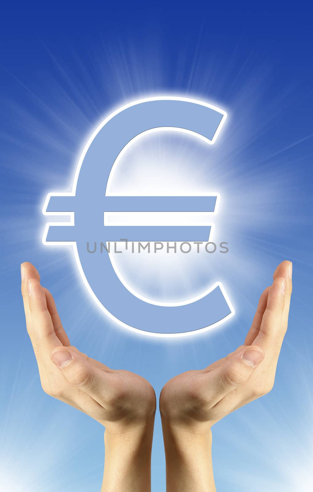 Picture of hands, against the backdrop of a beautiful, blue sky and sun