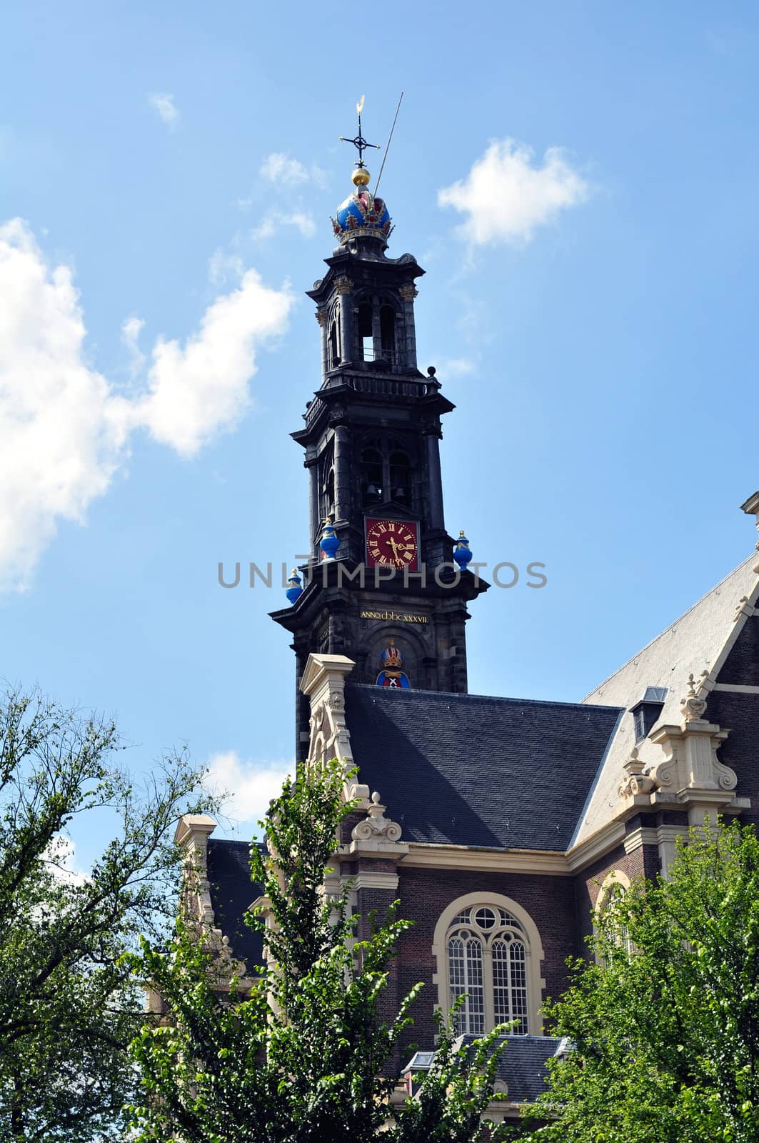 Tower of the historic Westerkerk (Western church) in Amsterdam, Netherlands.