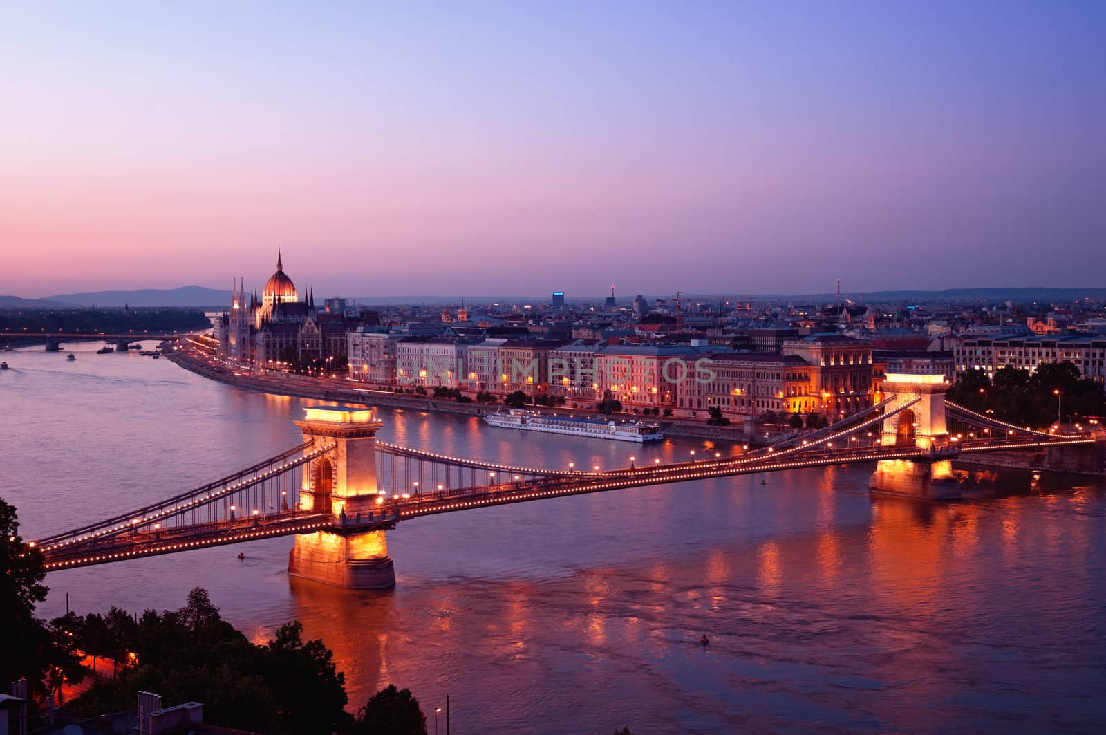 View of Chain Bridge, Hungarian Parliament and River Danube form Buda Castle.