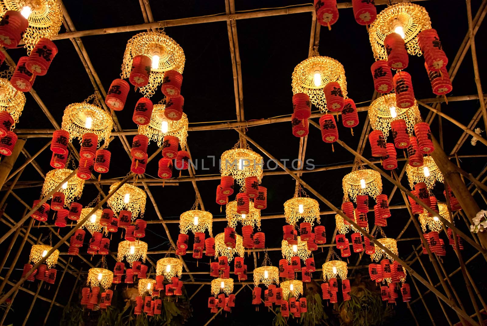 Asian traditional laterns at New Year festival nights in Vietnam. The chinese letter on the lanterns mean Happiness.