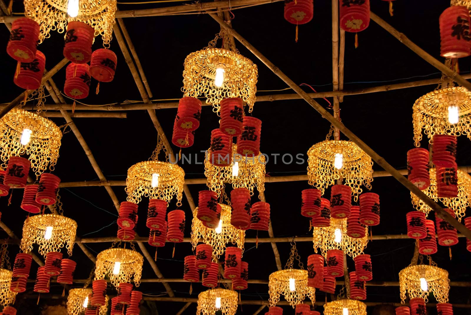 Asian traditional laterns at New Year festival nights in Vietnam. The chinese letter on the lanterns mean Happiness.