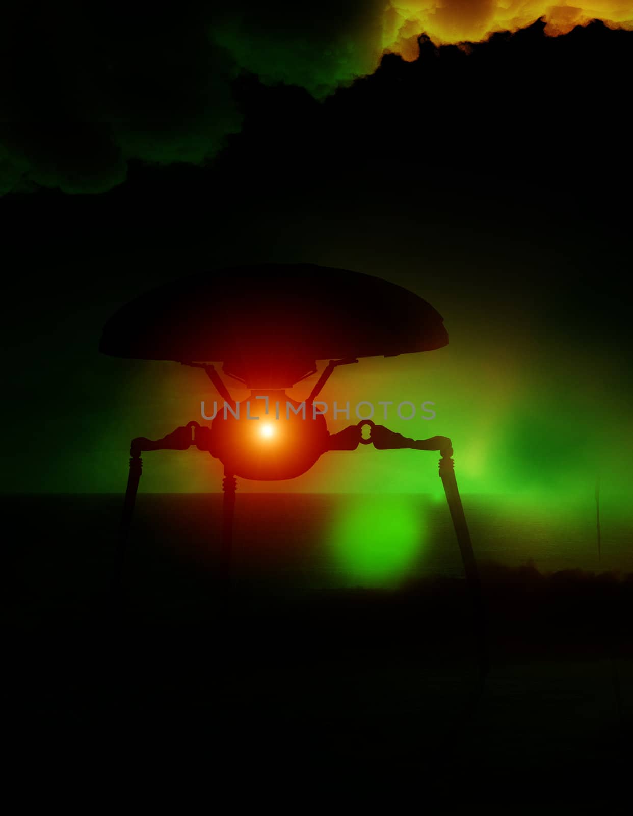 An alien tripod against a dark green abstract sky.