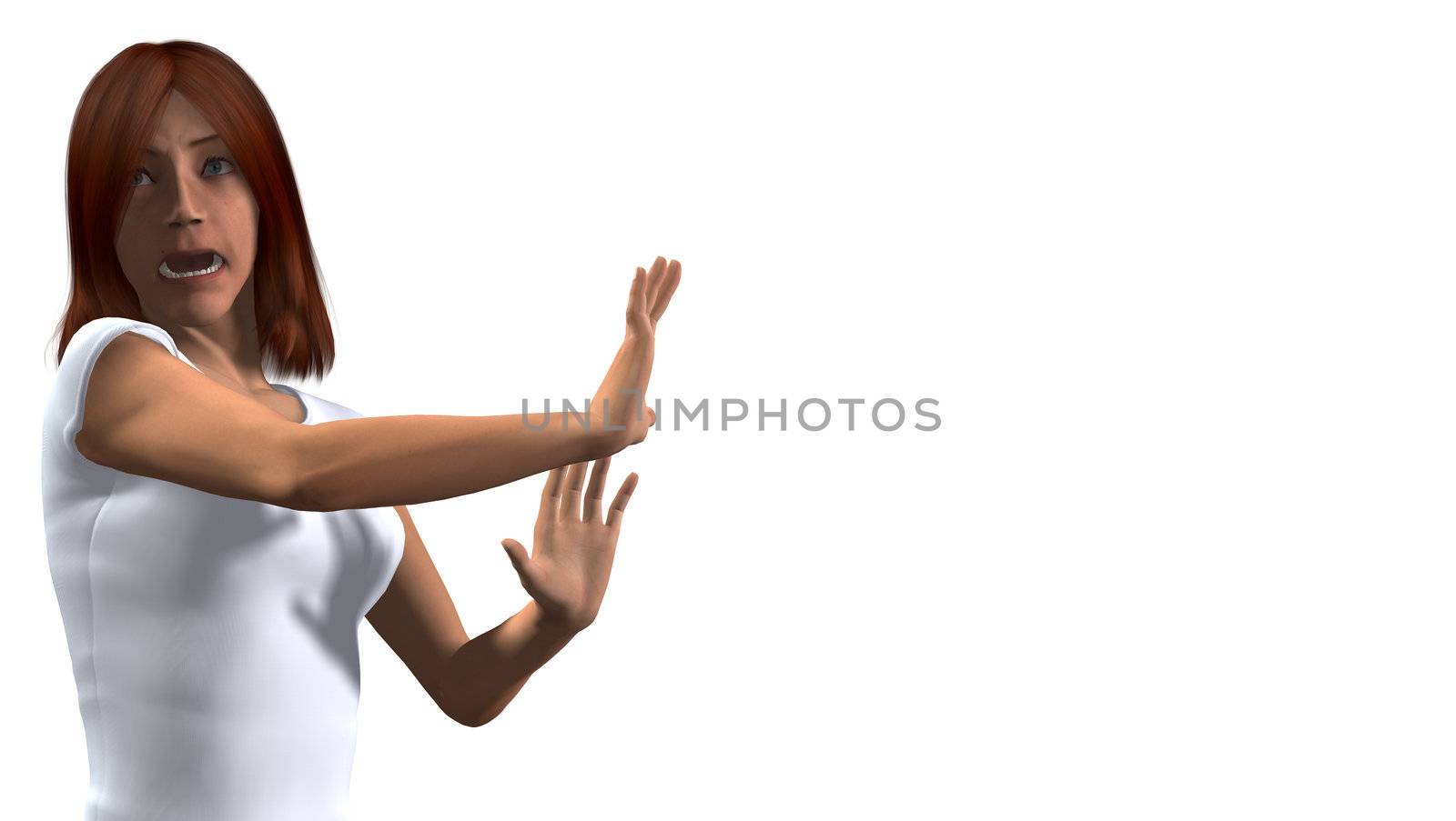 A lady reacting in shock or terror to something.