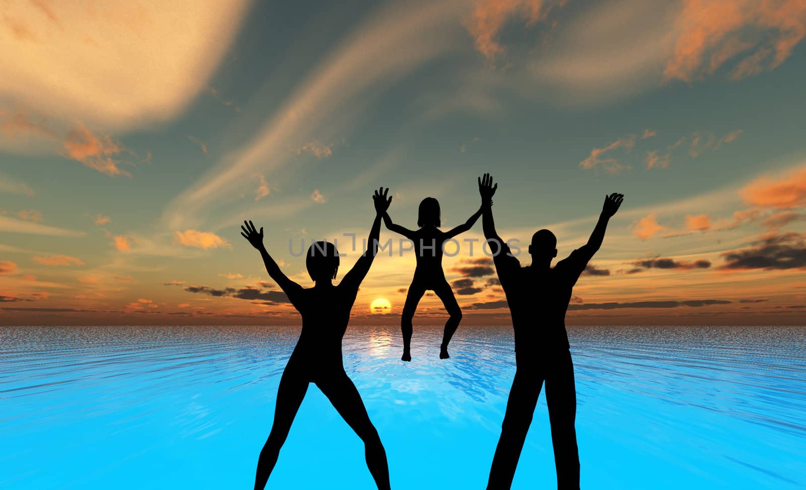 A silhouetted family by a sea landscape.
