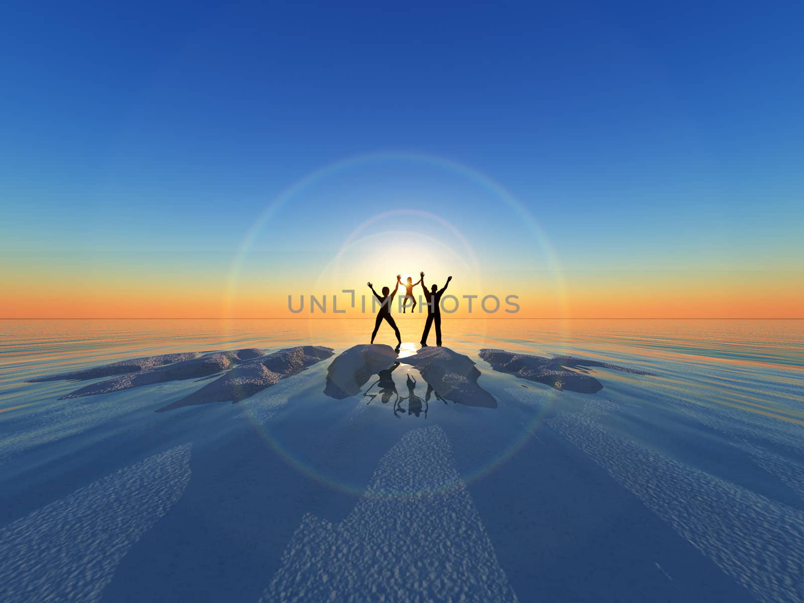 A silhouetted family by a sea landscape.