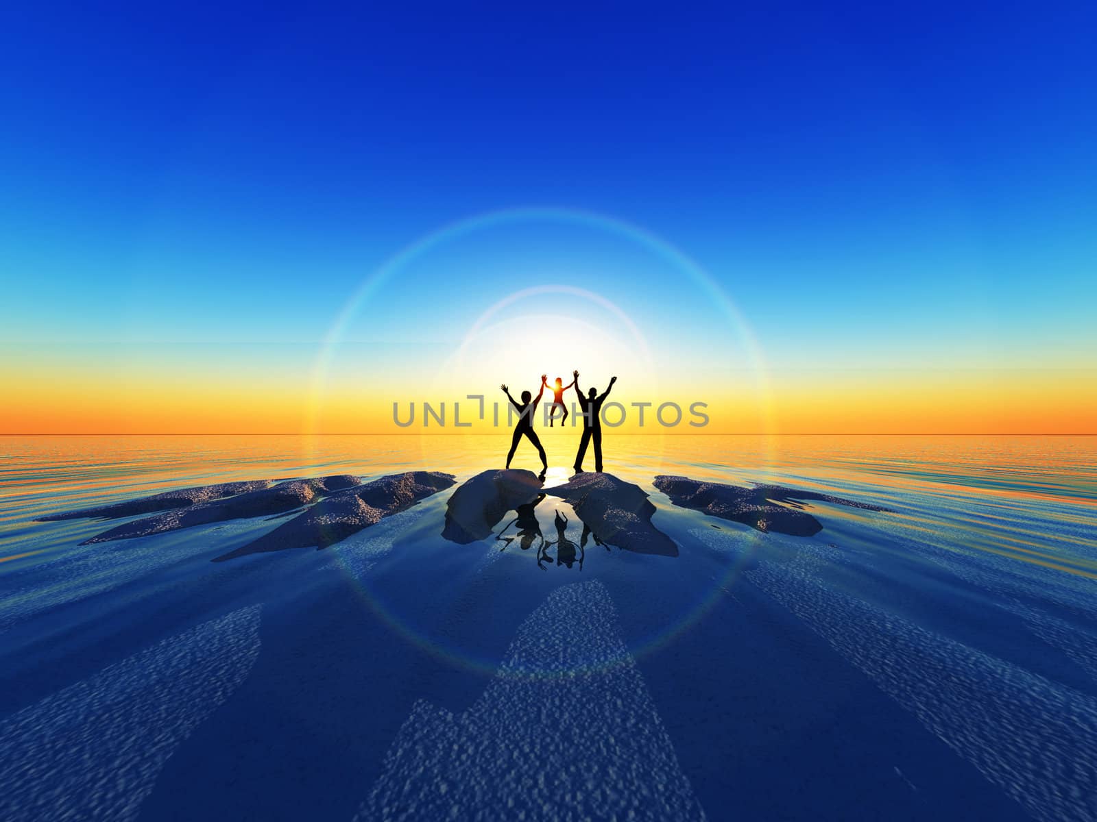 A silhouetted family by a sea landscape.