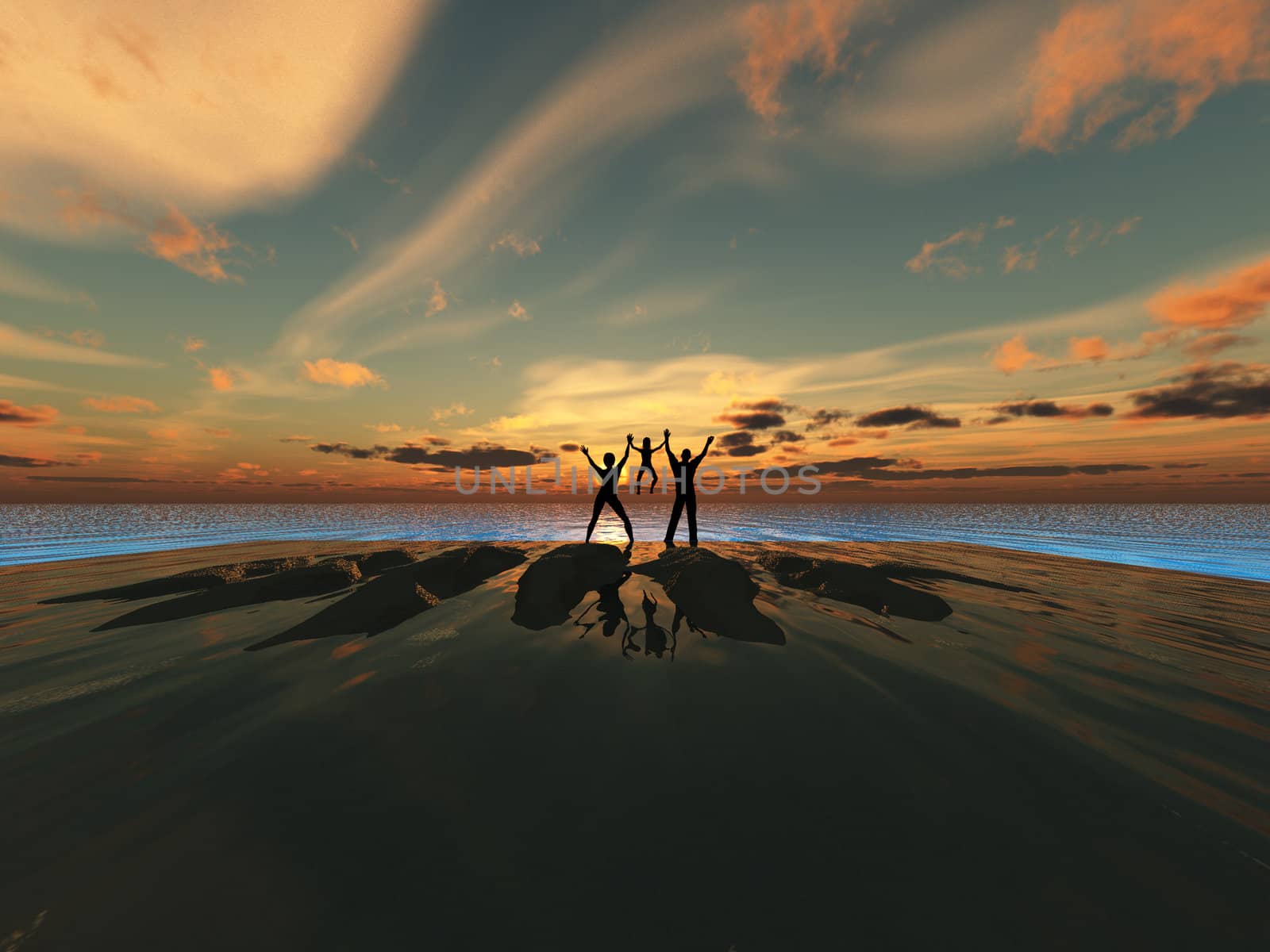 A silhouetted family by a sea landscape.