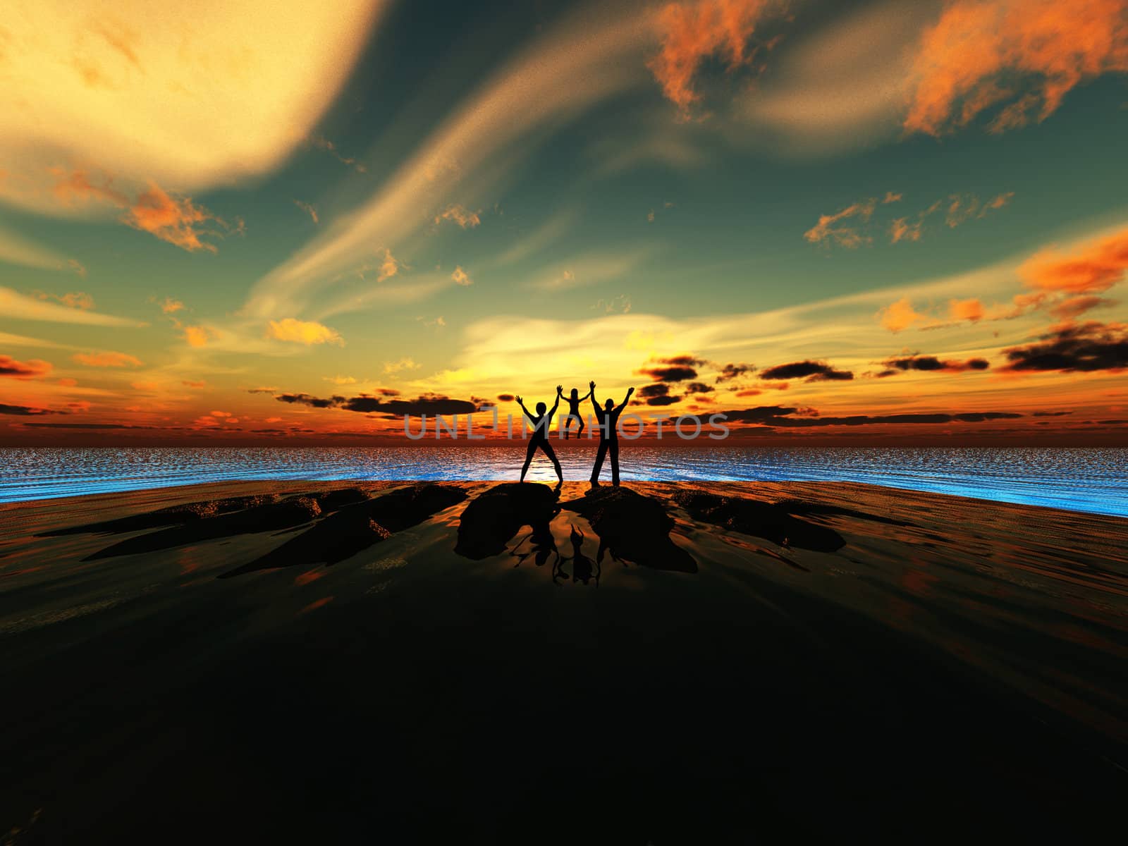 A silhouetted family by a sea landscape.