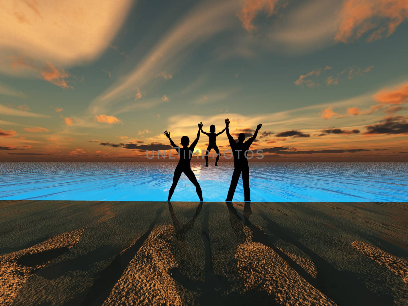 A silhouetted family by a sea landscape.