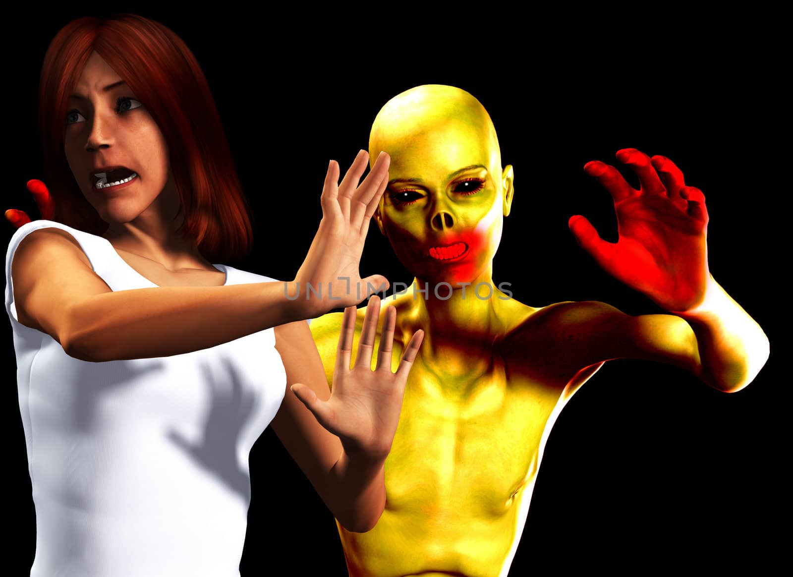 A women who is shocked or afraid of a zombie. 