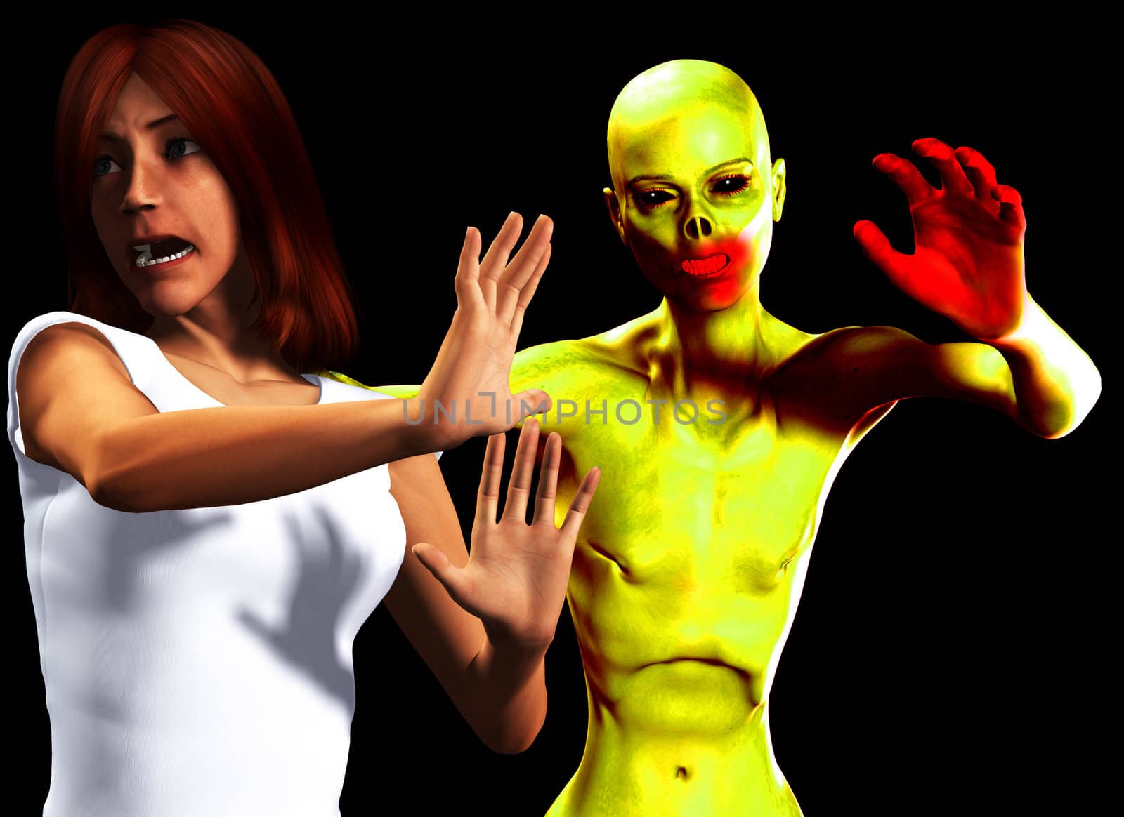A women who is shocked or afraid of a zombie. 