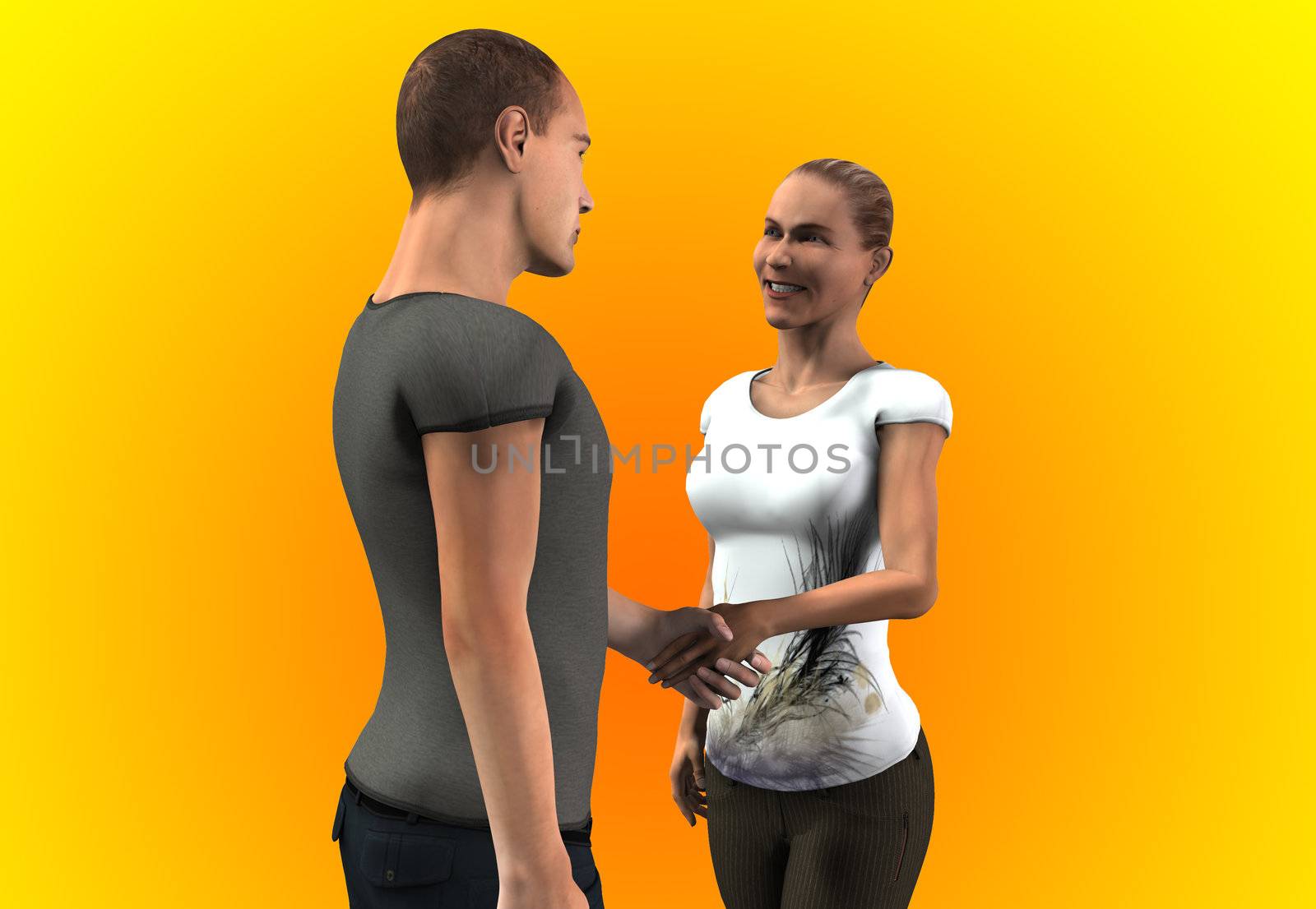 A man and women who are shaking hands at a meeting.