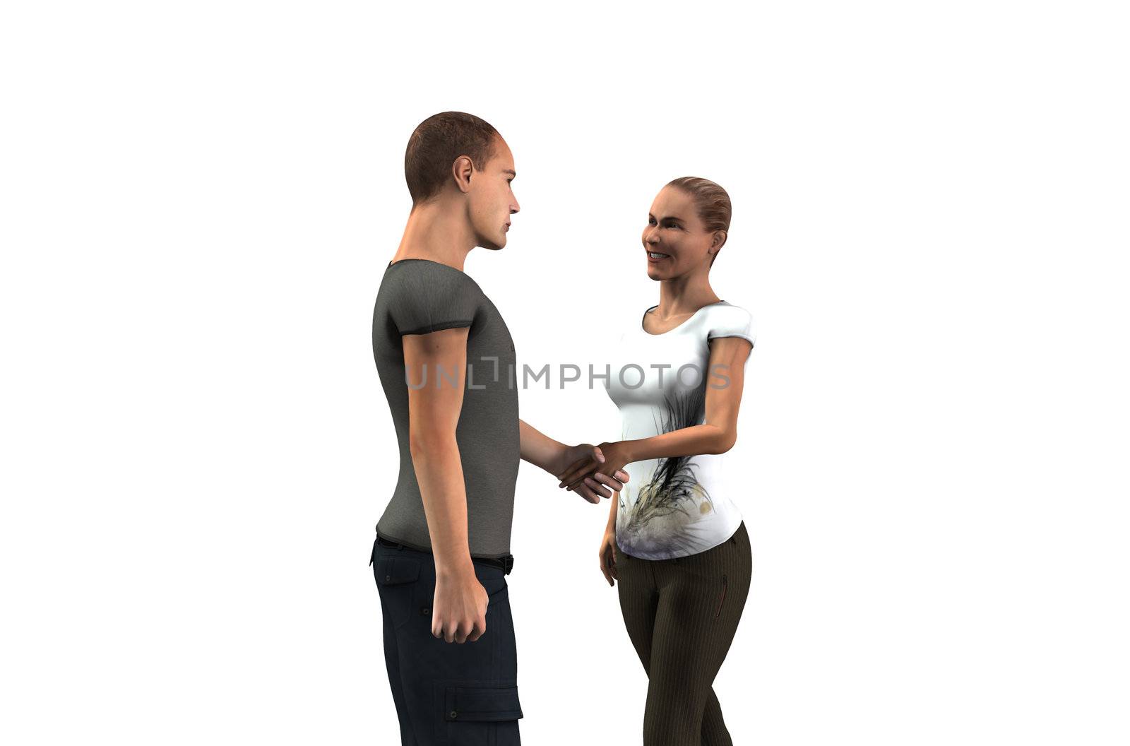 A man and women who are shaking hands at a meeting.