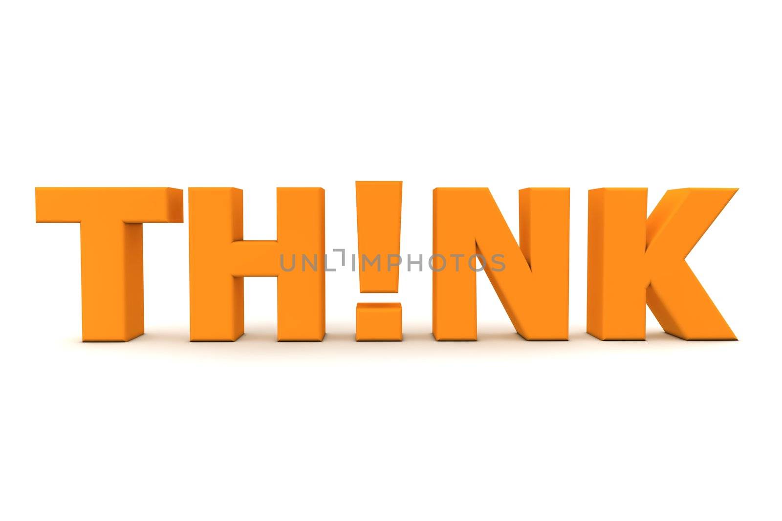 orange word think with an exclamation mark replacing the letter i - front view