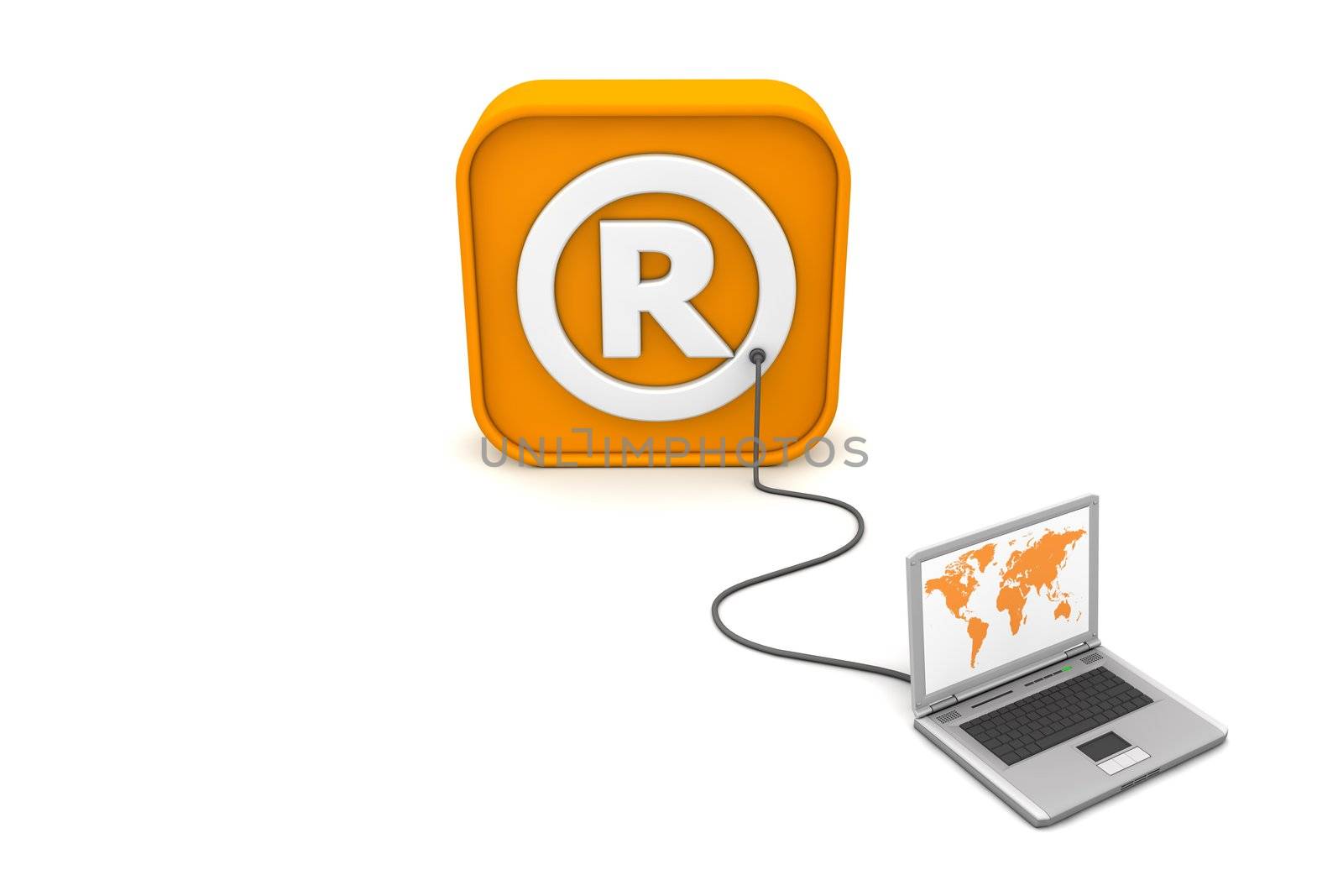 laptop with orange world map connected with an orange cable to the orange 3D RSS like Registered Trademark symbol - front view