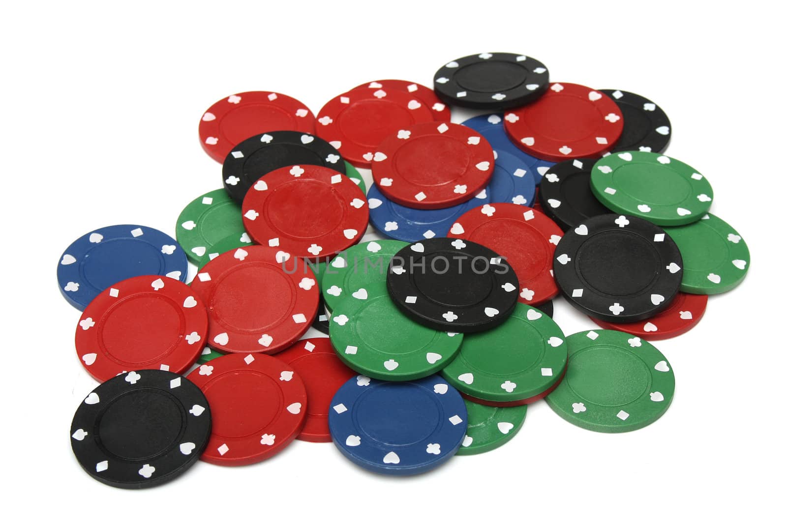 Lots of gambling chips over white backgroung