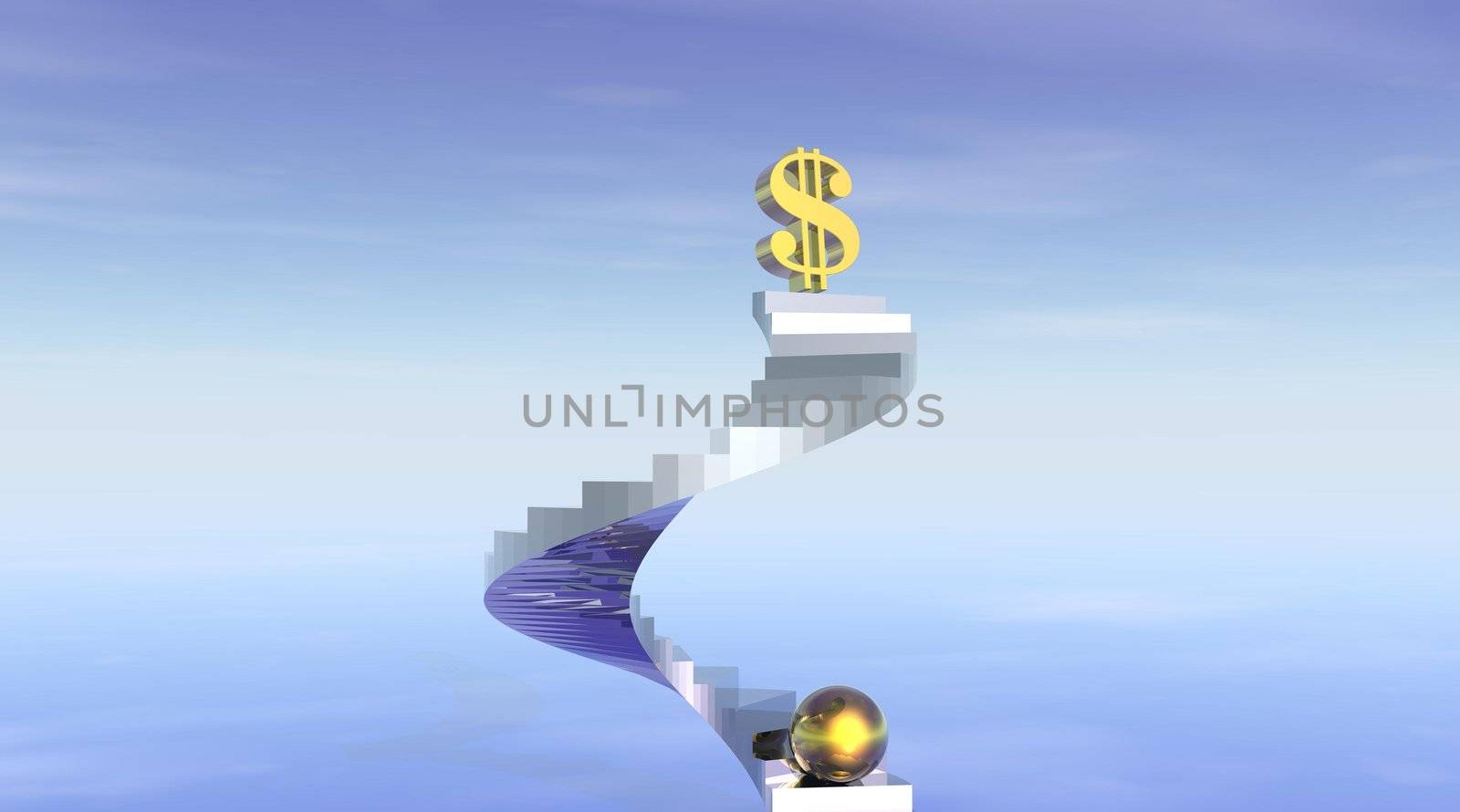 Gold ball climbing stairs to wealth and fortune and blue sky background