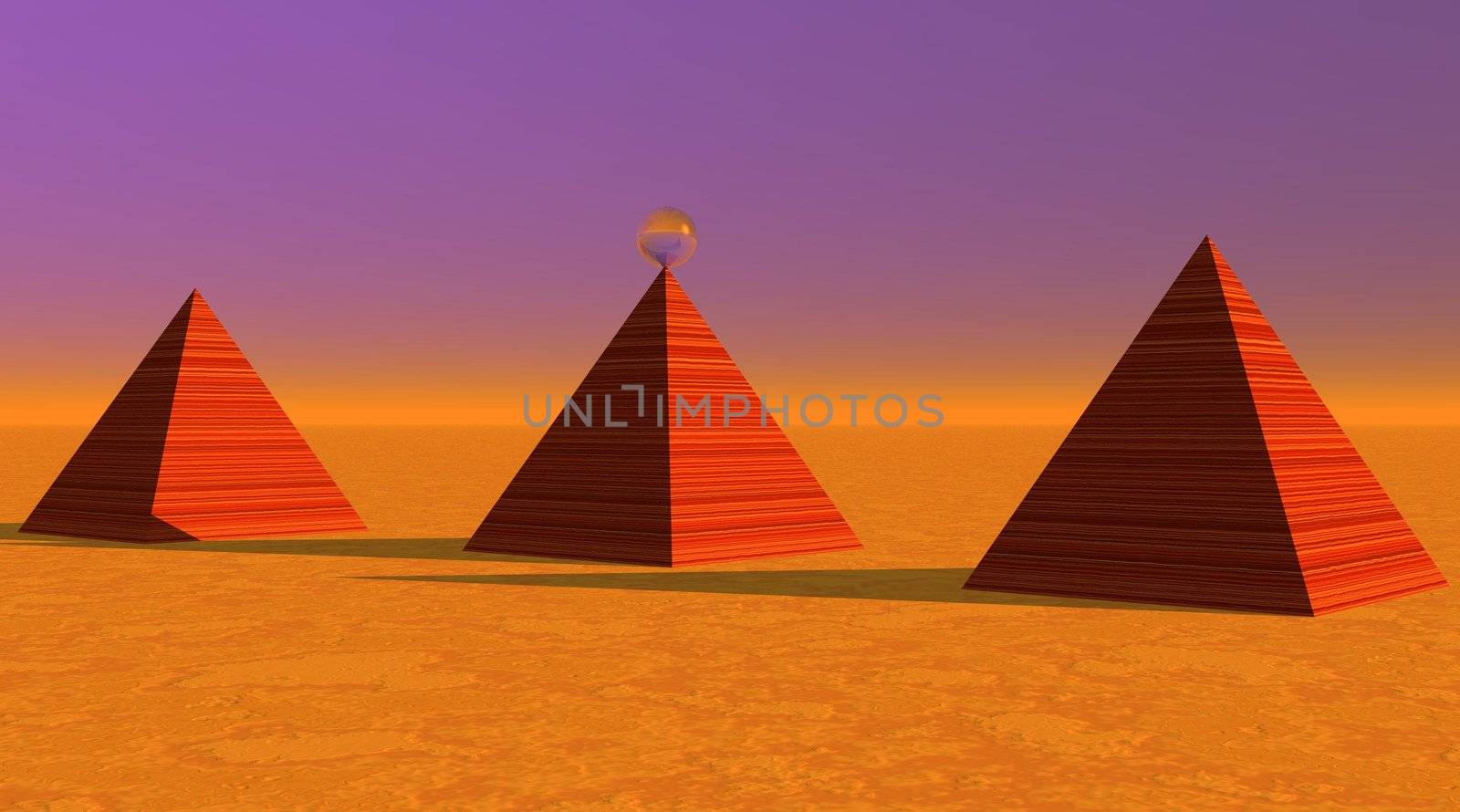 Three red striated pyramids in desert by red sunset with shadow and a small glass ball in equilibrium on the central pyramid