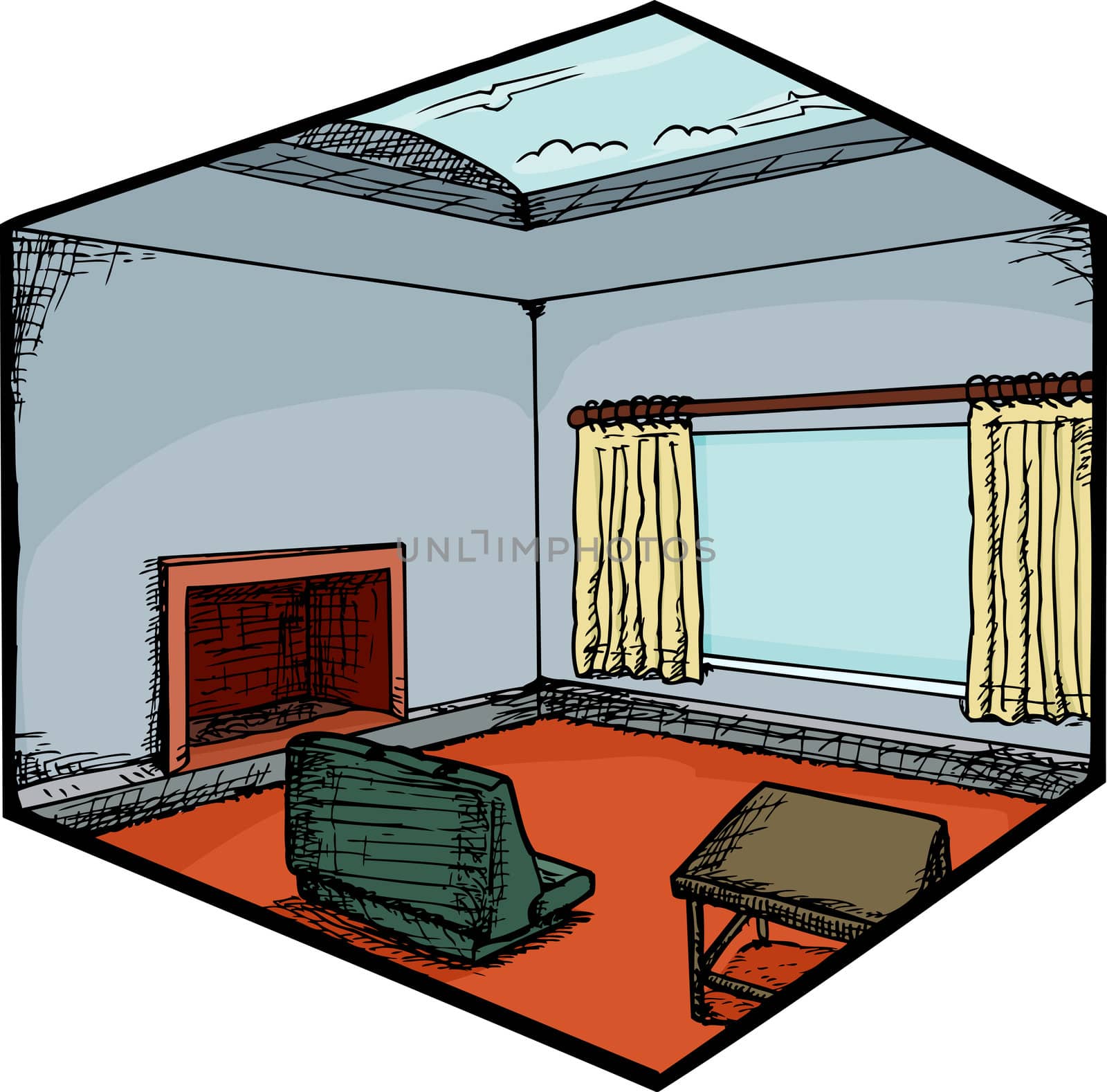 Modern home living room with skylight scene
