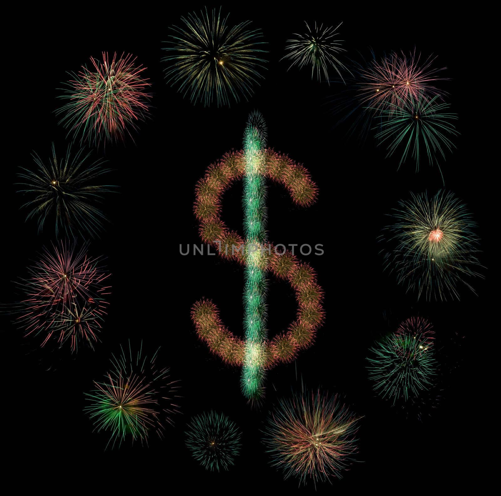 Dollar sign inside a circle made of fireworks shots on black background.