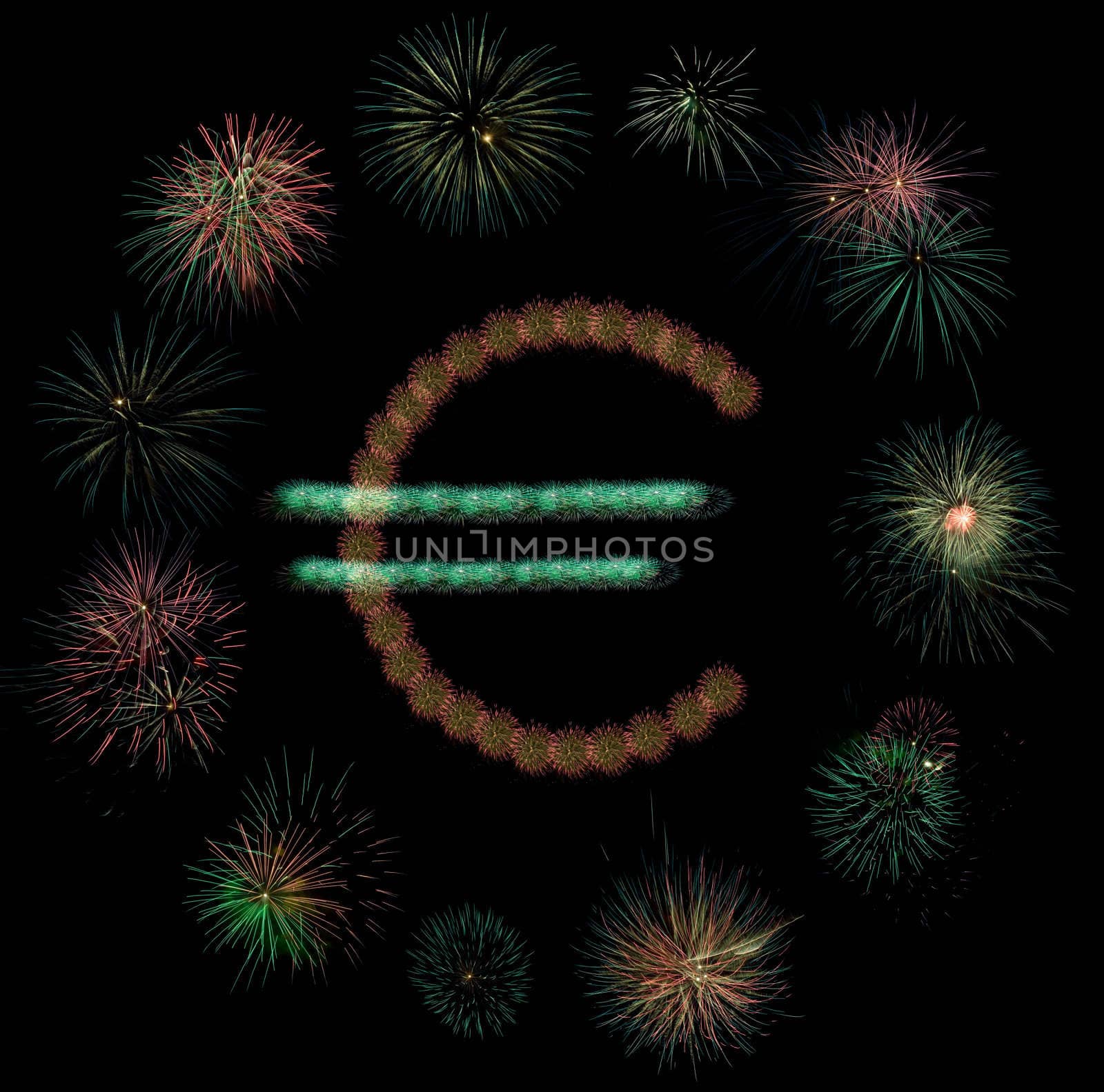 Euro sign inside a circle made of fireworks shots on black background.