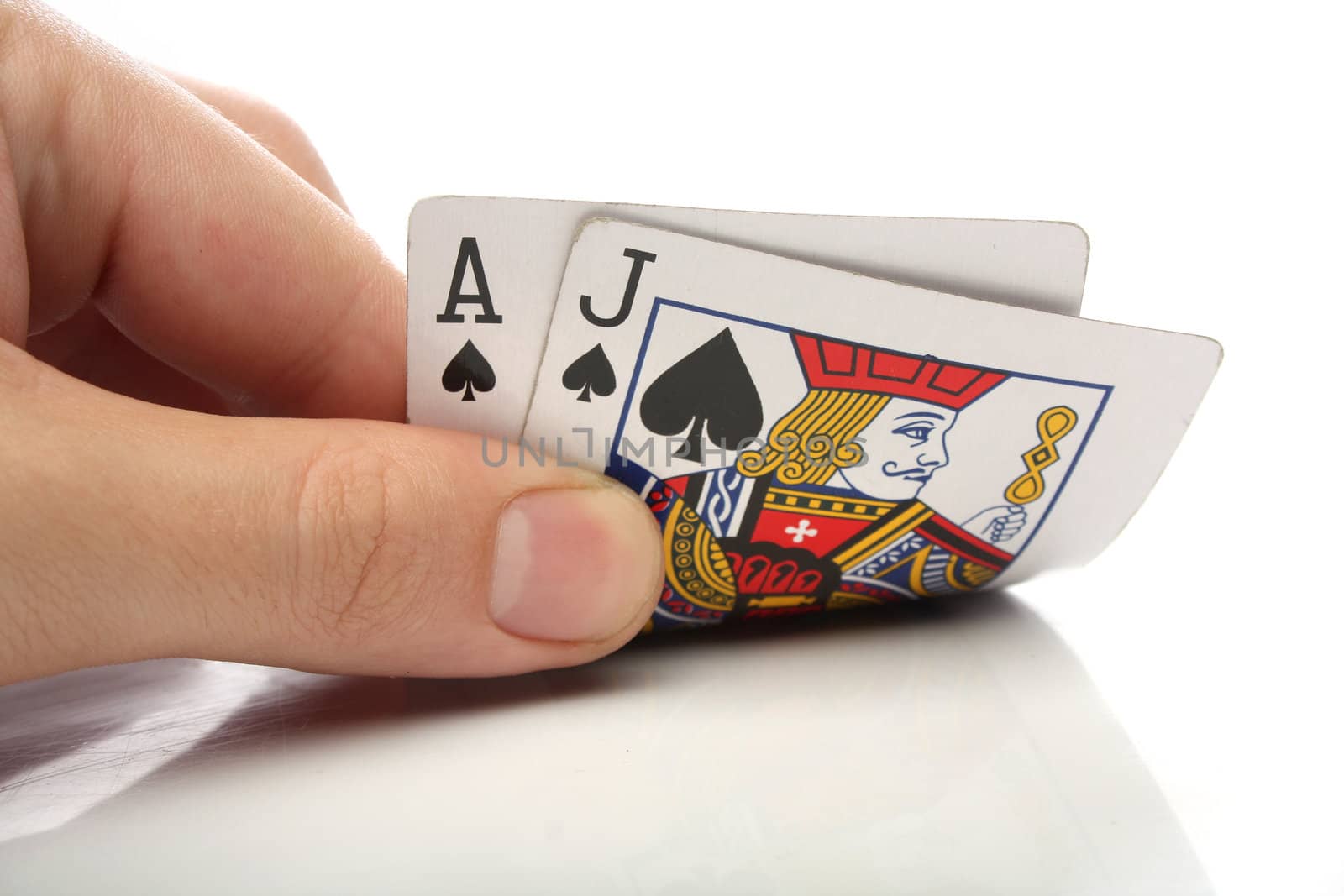 Blackjack. Human hand with blackjack cards over white