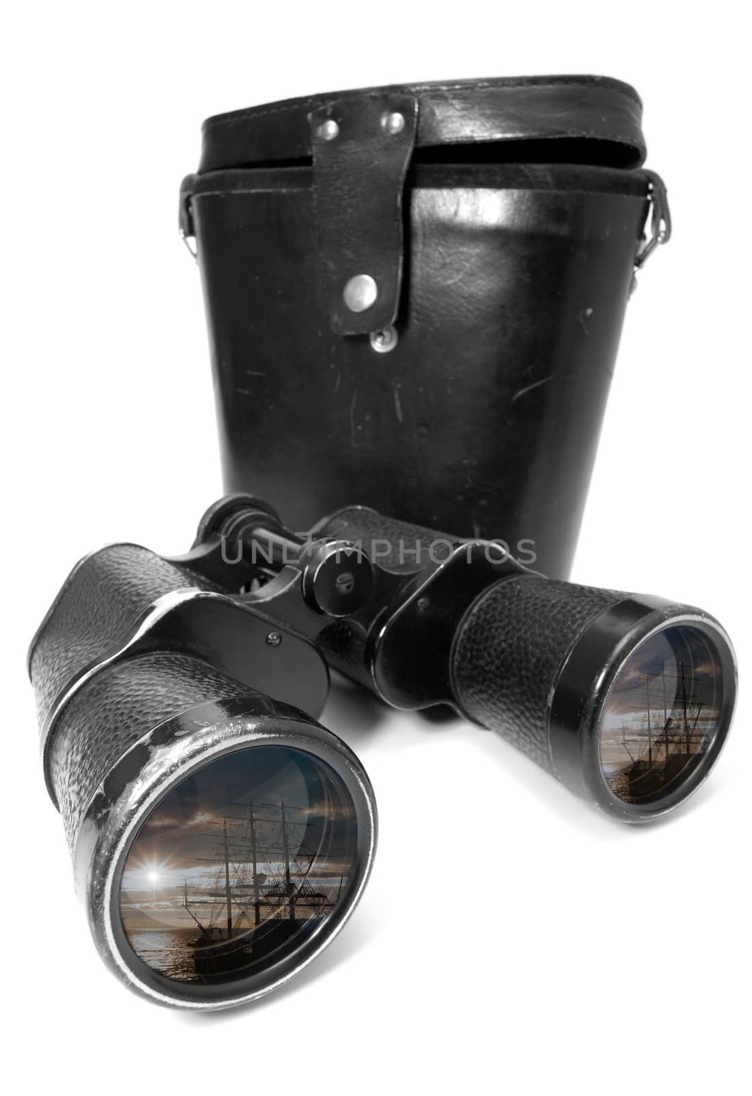 Photo of old binoculars, isolated on a white background