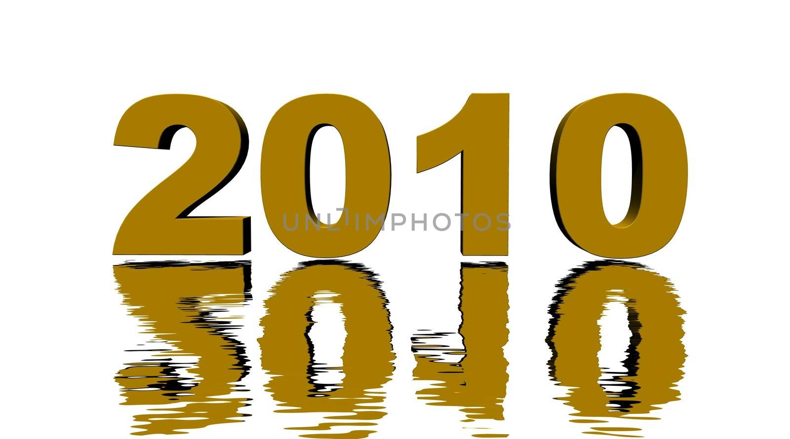 2010 written in metallic gold color and reflecting in white water with white background