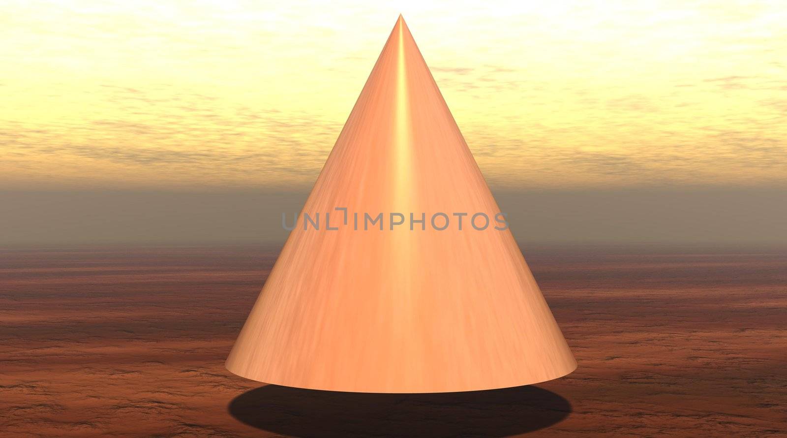 Orange cone upon of a brown landscape by cloudy sky