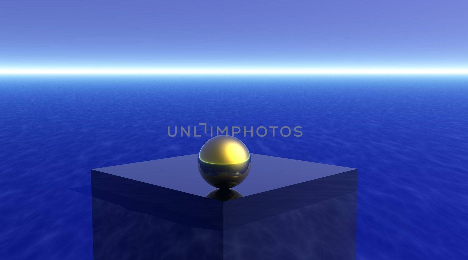Shining and peacefull small gold ball alone on the face of a blue cube, in the deep blue sea and with a deep blue sky