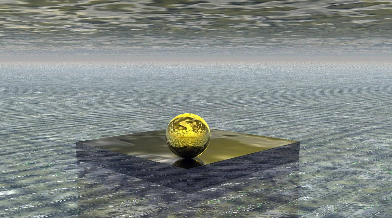 Shining gold ball alone on a cube in the grey sea by stormy weather