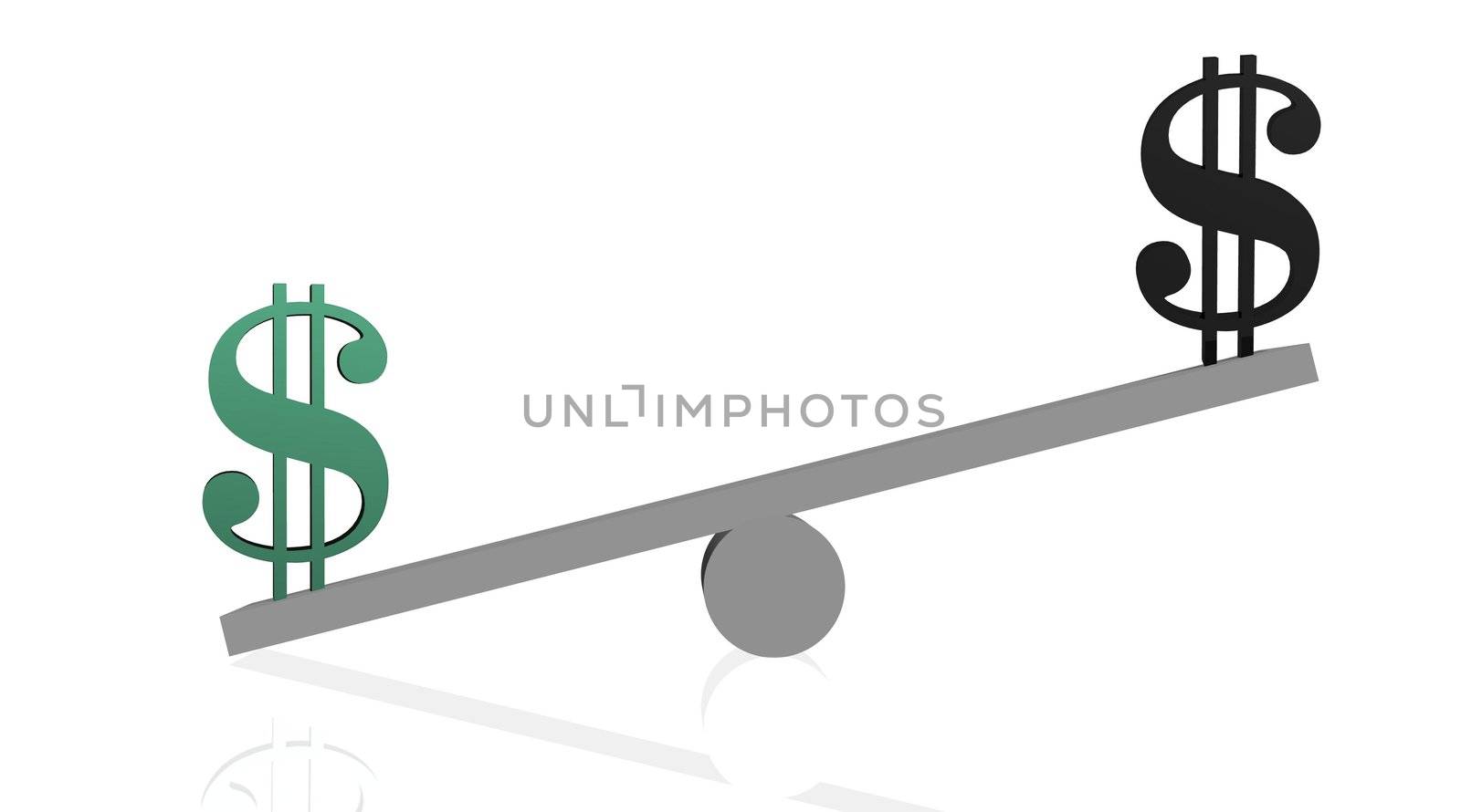 Grey balance with green dollar heavier than black one, white background