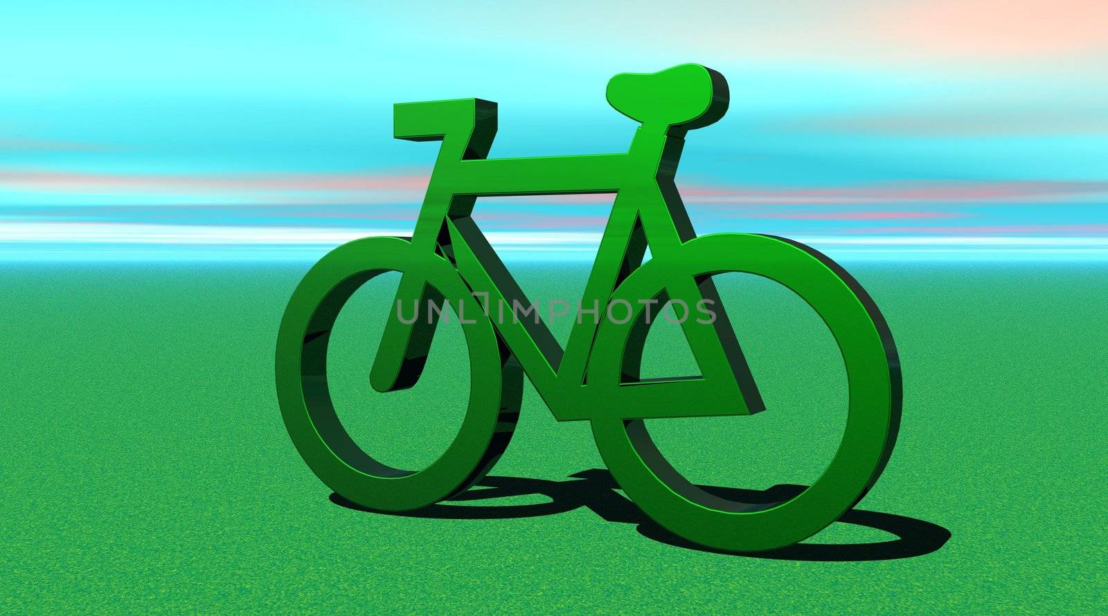 Green metallic bicycle standing on the green grass with colored sky