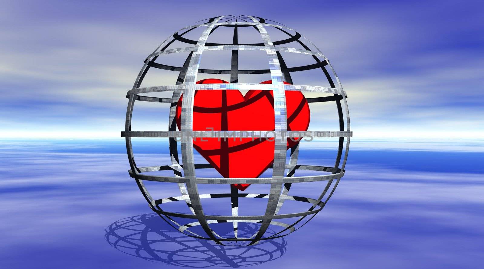 Red heart in a grey spheric jail, on a blue sea and with a deep blue sky in background