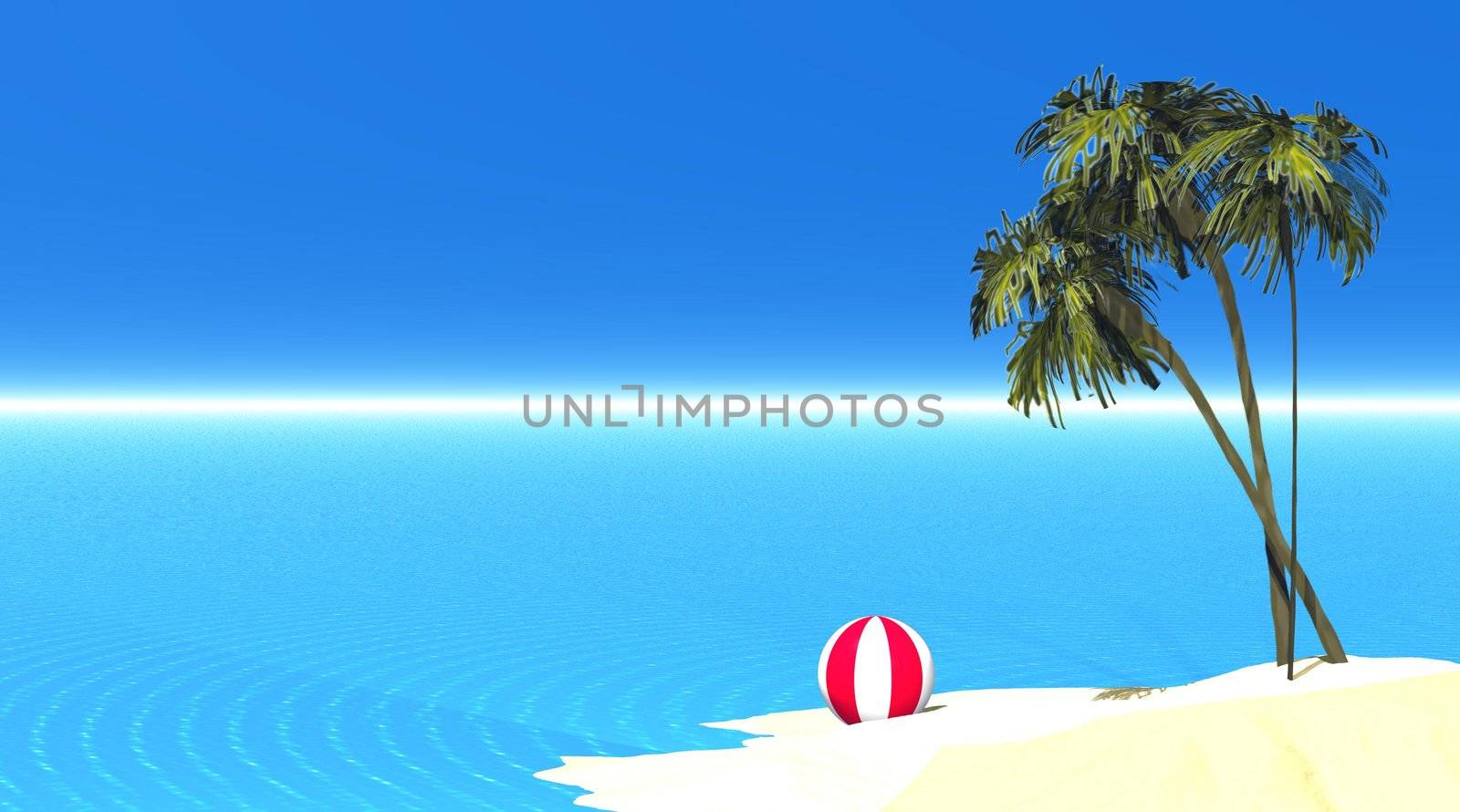 Island with clear sand, palmtree, red and white balloon and transparent sea
