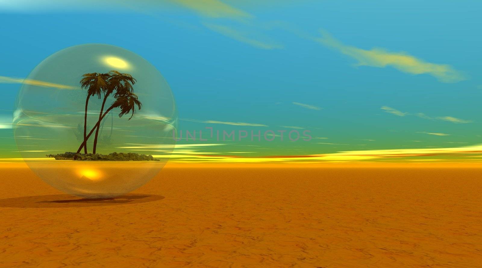 Palm tree in a bubble in the desert by Elenaphotos21