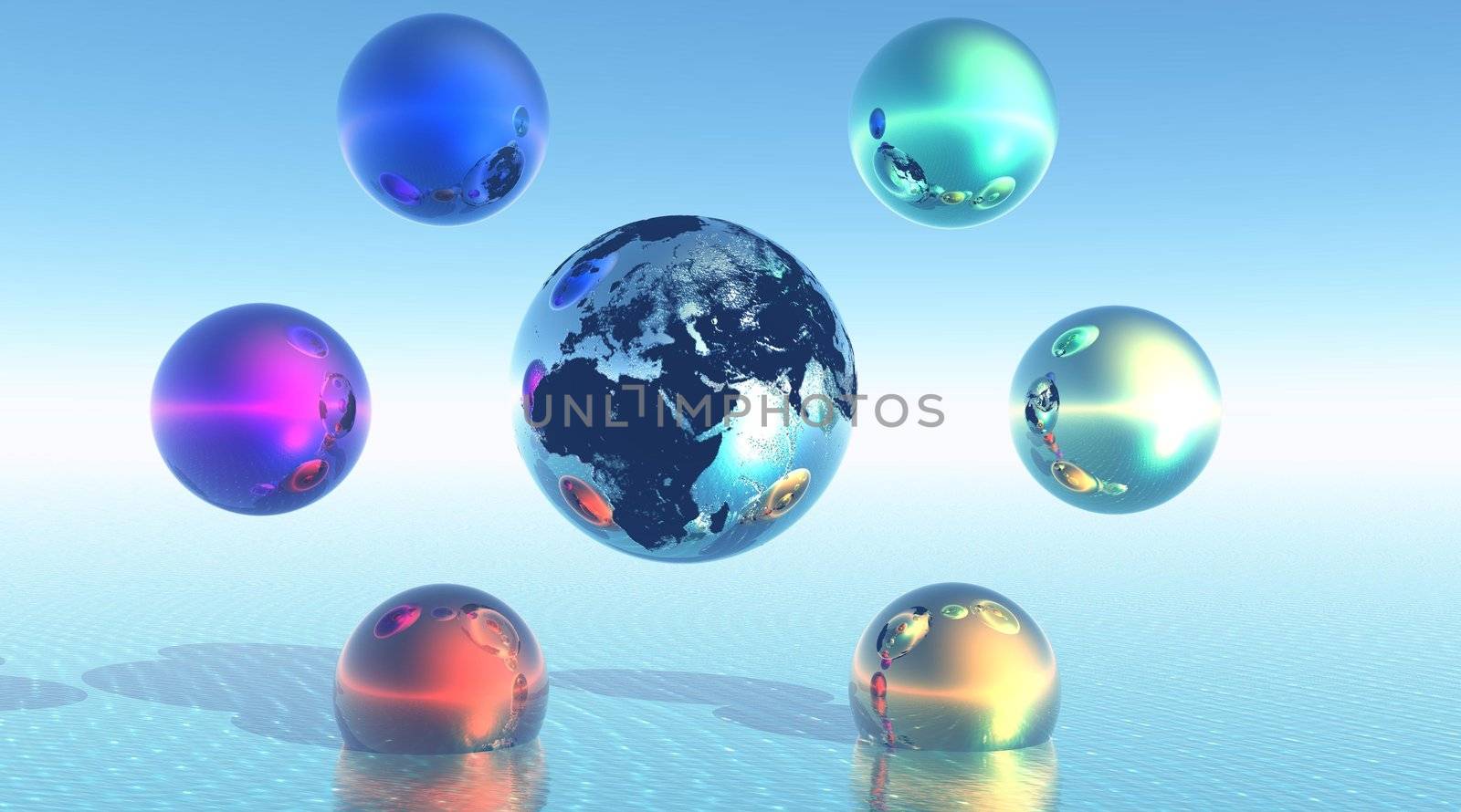 Six balls of different metallic color (violet, blue, green, yellow, orange and red) symbolizing the rainbow and positionned all around a grey metallic earth in a green and yellow background and above the sea